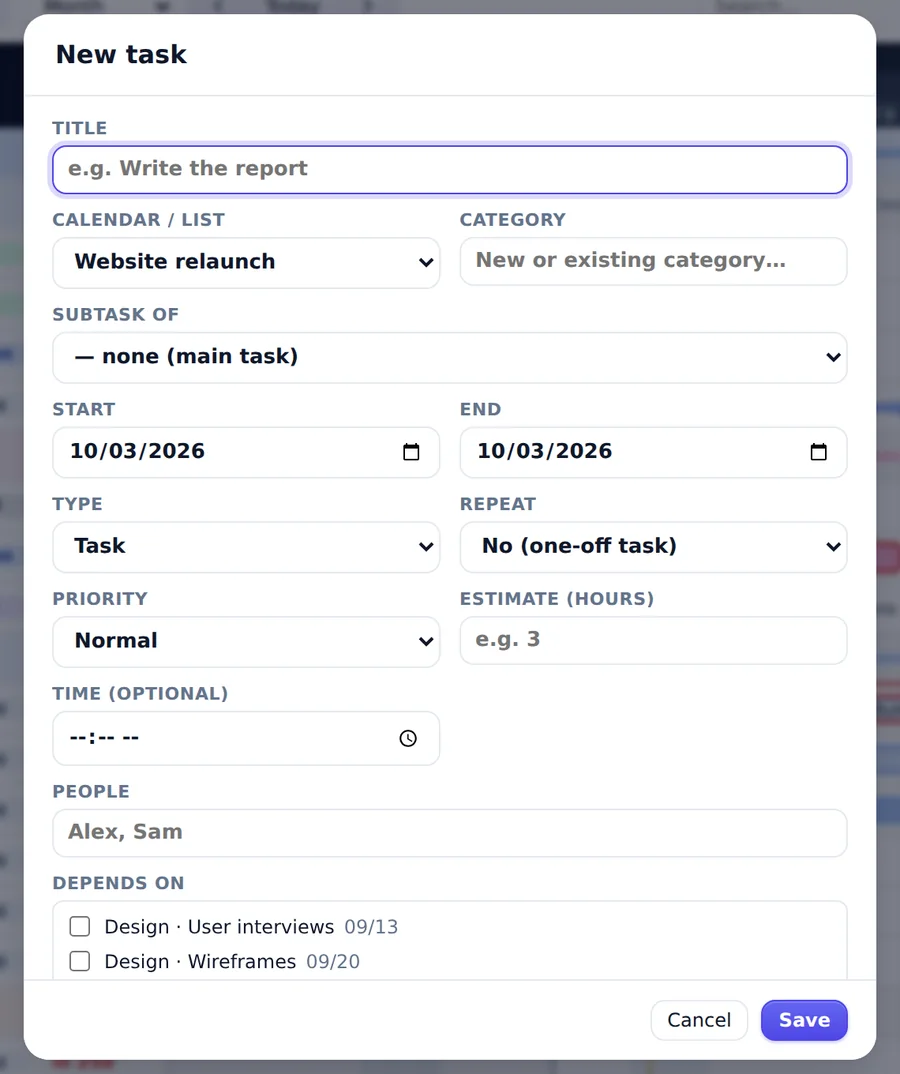 CalGantt new task form with calendar, category, dates, type, repeat, priority, estimate, people and dependencies